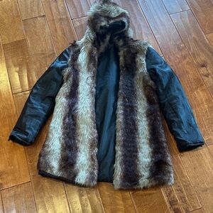 Men's Black and Brown Faux Fur Hooded Coat